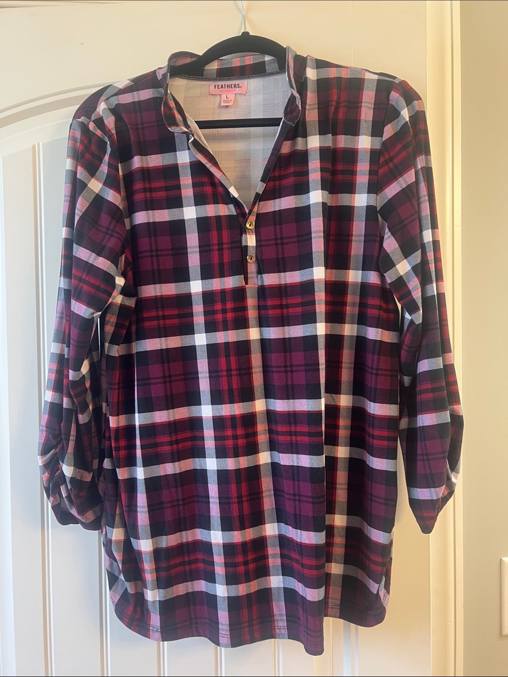 feathers Plaid Tunic Top in Maroon, Black & White Maternity Top